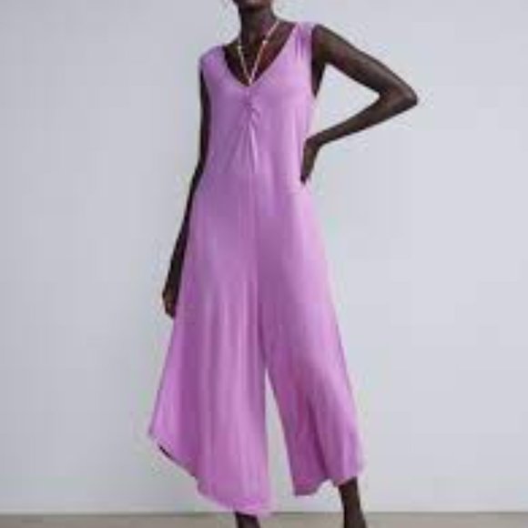 New York & Company Pants - New York & Company Purple Beaded Halter Wide Leg Boho Relaxed Pockets Jumpsuit
